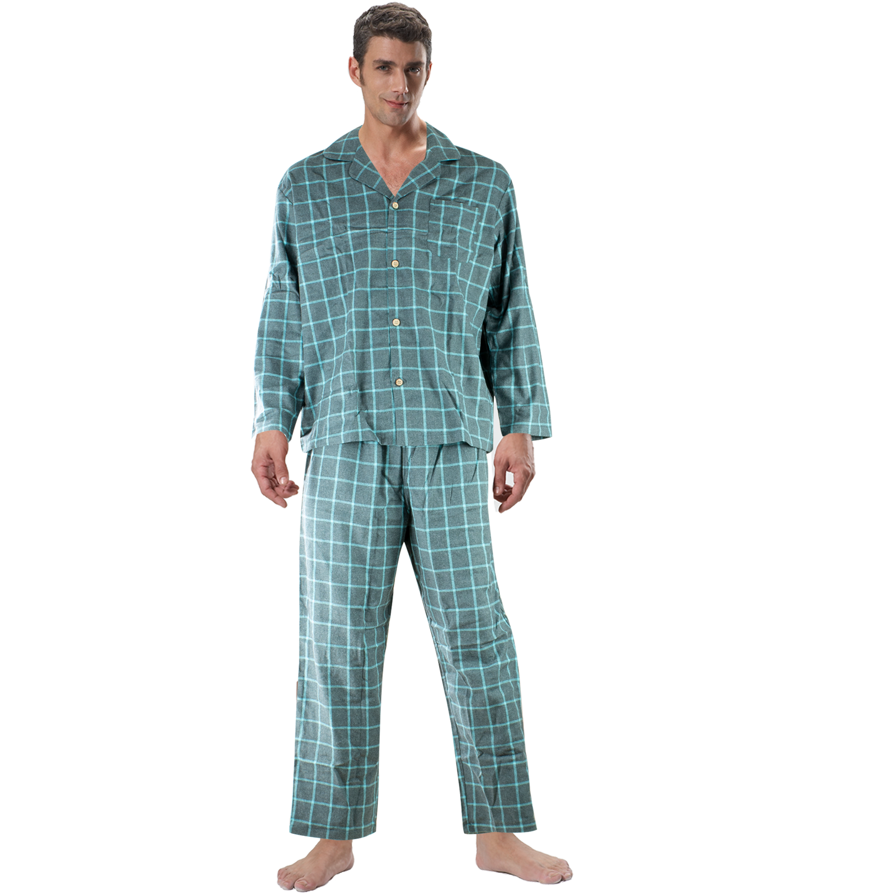 Herren Baumwollflanell Pyjama Langarm Zweiteiliger Schlafanzug